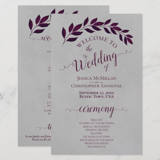 Magenta Lila Blätter Budget Hochzeitsprogramm (Vorne/Hinten)