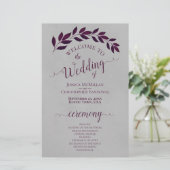 Magenta Lila Blätter Budget Hochzeitsprogramm (Stehend Vorderseite)