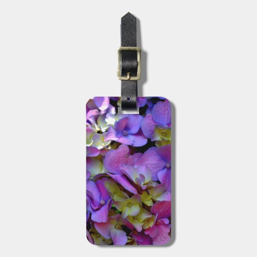 Magenta Lila-blaugelbe Hydrangeas-Blume Gepäckanhänger (Vorderseite vertikal)