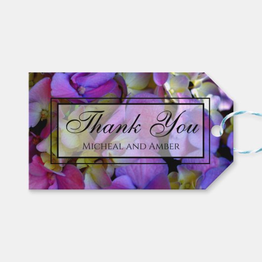 Magenta Lila-blaugelbe Hydrangeas-Blume Geschenkanhänger (Vorderseite (Horizontal))