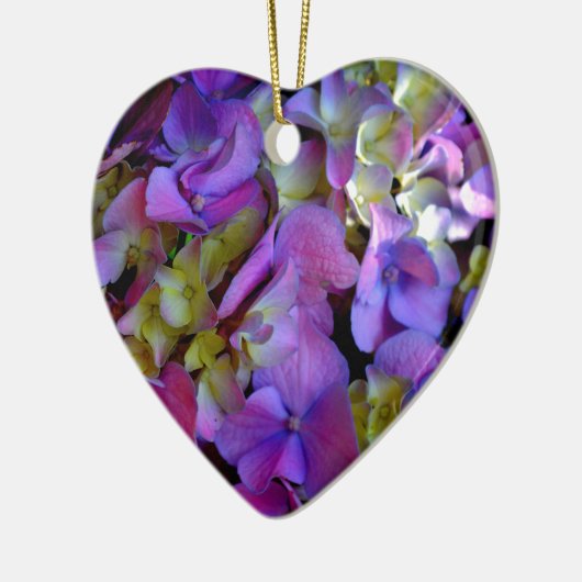 Magenta Lila-blaugelbe Hydrangeas-Blume Keramik Ornament (Links)