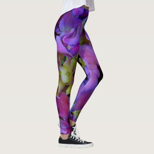Magenta Lila-blaugelbe Hydrangeas-Blume Leggings (Rechts)
