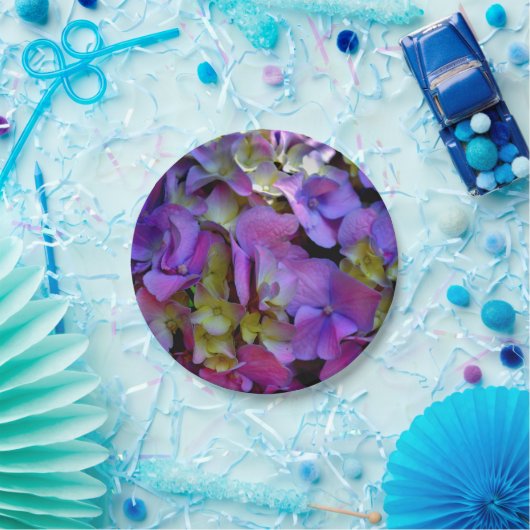 Magenta Lila-blaugelbe Hydrangeas-Blume Pappteller (Party)
