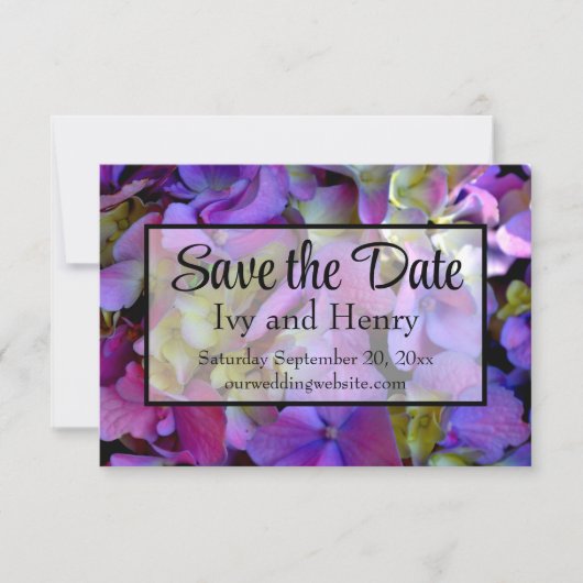 Magenta Lila-blaugelbe Hydrangeas-Blume Save The Date (Vorderseite)