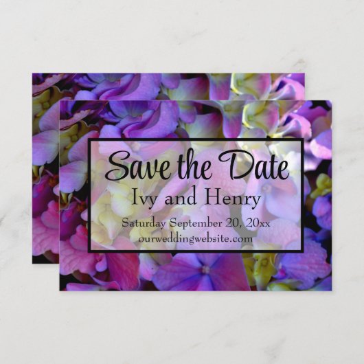 Magenta Lila-blaugelbe Hydrangeas-Blume Save The Date (Vorne/Hinten)