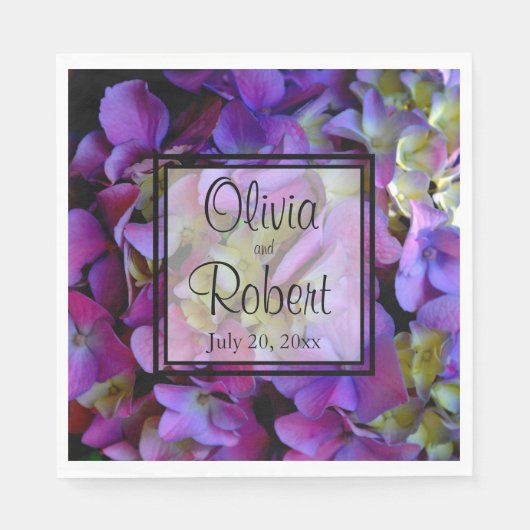 Magenta Lila-blaugelbe Hydrangeas-Blume Serviette (Vorderseite)