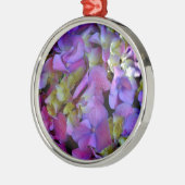 Magenta Lila-blaugelbe Hydrangeas-Blume Silbernes Ornament (Links)