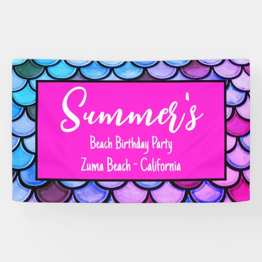 Magenta Lila Blue Mermaid Scales Beach Geburtstag Banner (Horizontal)