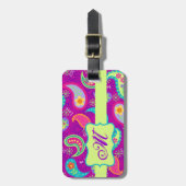 Magenta Lila Green Modern Paisley Monogram Gepäckanhänger (Vorderseite vertikal)