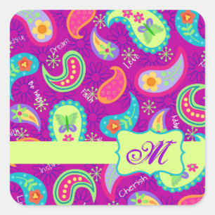 Magenta Lila Green Modern Paisley Monogram Quadratischer Aufkleber