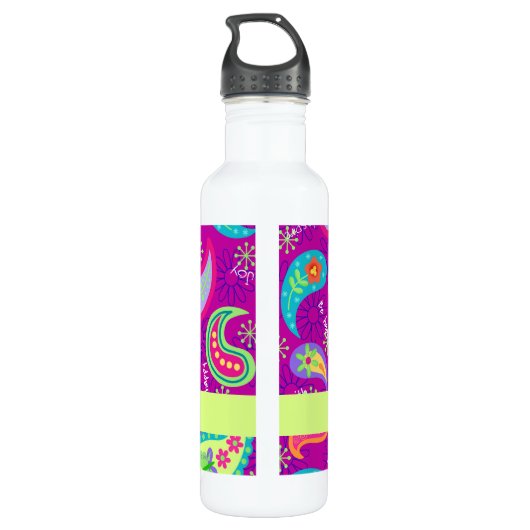 Magenta Lila Green Modern Paisley Monogram Trinkflasche (Rückseite)