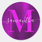 Magenta Lila Modern Signature Monogram Foil Runder Aufkleber (Vorderseite)