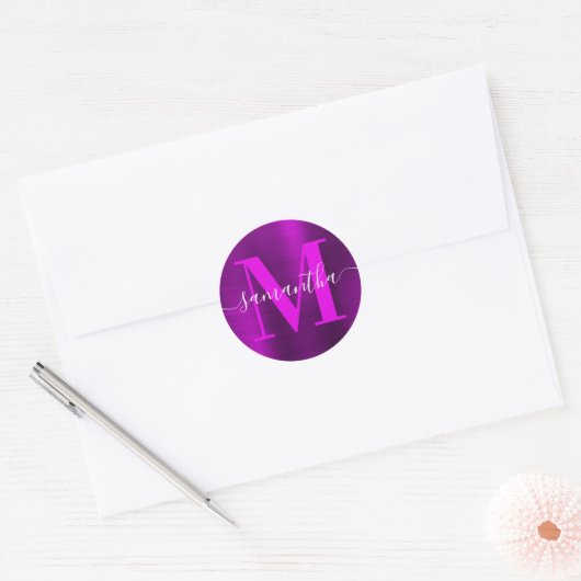 Magenta Lila Modern Signature Monogram Foil Runder Aufkleber (Umschlag)