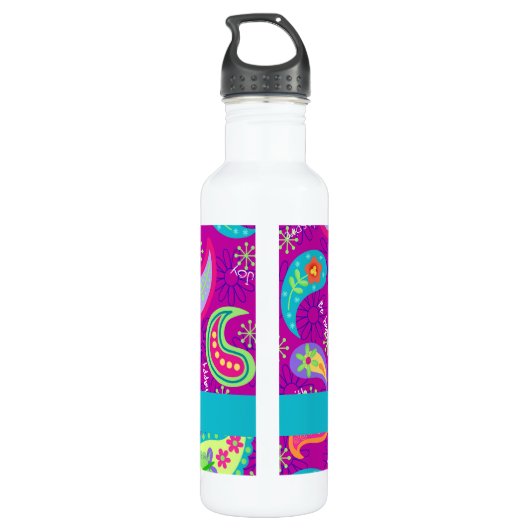 Magenta Lila Türkis Modernes Paisley Muster Edelstahlflasche (Rückseite)