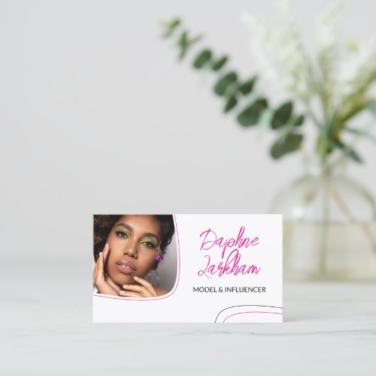 Magenta Lines Foto Signature Script QR Code Visitenkarte (Stehend Vorderseite)