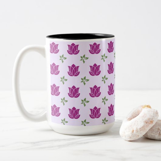 Magenta Lotus Garden Pattern Zweifarbige Tasse (Mit Donut)