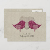 Magenta Lovebirds Linen Save the Date aussehen Ankündigungspostkarte (Vorne/Hinten)