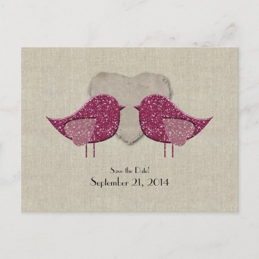 Magenta Lovebirds Linen Save the Date aussehen Ankündigungspostkarte (Vorderseite)
