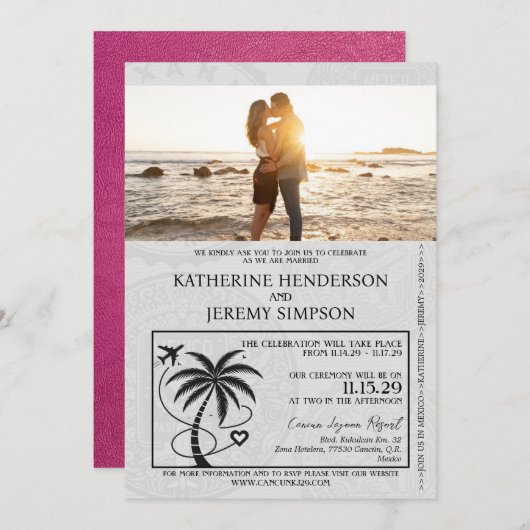 Magenta Mexico Passport Wedding Einladung (Vorne/Hinten)