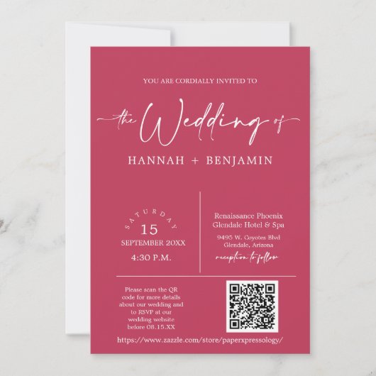 Magenta Minimal Script Wedding Arch QR Code Foto Einladung (Vorderseite)