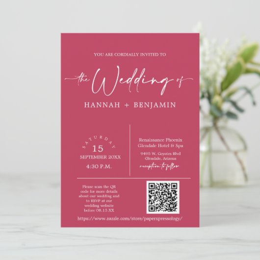 Magenta Minimal Script Wedding Arch QR Code Foto Einladung (Stehend Vorderseite)