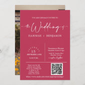 Magenta Minimal Script Wedding Arch QR Code Foto Einladung (Vorne/Hinten)