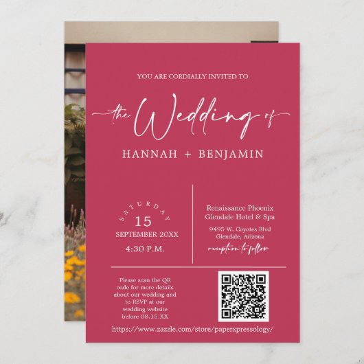 Magenta Minimal Script Wedding Arch QR Code Foto Einladung (Vorne/Hinten)