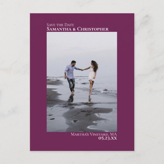 Magenta Minimalistisch Wedding Foto Save the Date Ankündigungspostkarte (Vorderseite)