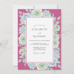 Magenta-Mint-Rosen-Hochzeit Einladung