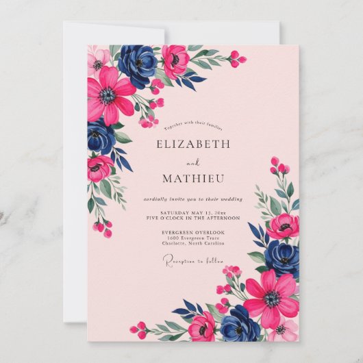 Magenta Navy Botanical Spring Wedding Einladung (Vorderseite)