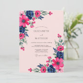 Magenta Navy Botanical Spring Wedding Einladung (Stehend Vorderseite)