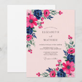Magenta Navy Botanical Spring Wedding Einladung (Vorne/Hinten)