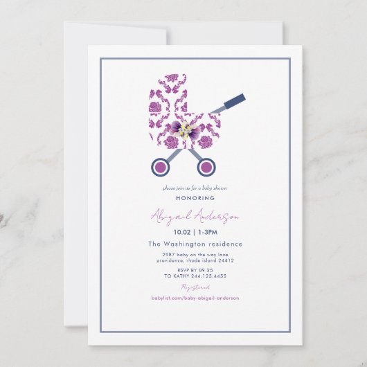 Magenta & Navy Damask Pram Kinderdusche Einladung (Vorderseite)