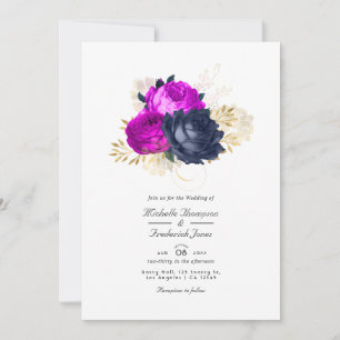 Magenta-Navy-und-Gold-Blumenhochzeits-Einladung Einladung