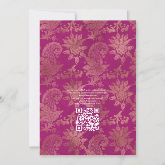 Magenta Navy und Gold Floral Wedding QR Code UAwg Einladung (Rückseite)