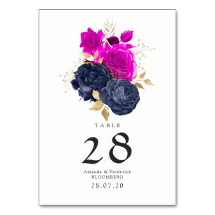 Magenta Navy und Gold Florale Hochzeit Tischnummer