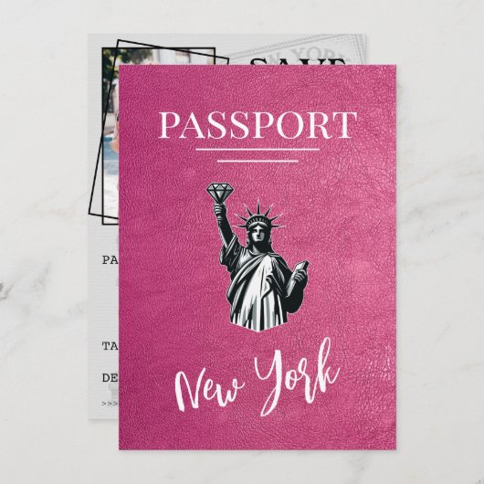 Magenta New York City Passport Save the Date (Vorne/Hinten)