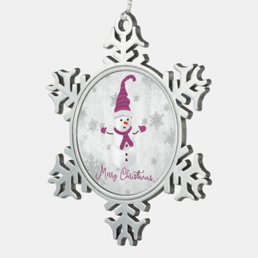 Magenta Niedlich Snowman Holiday Schneeflocken Zinn-Ornament (Rechts)