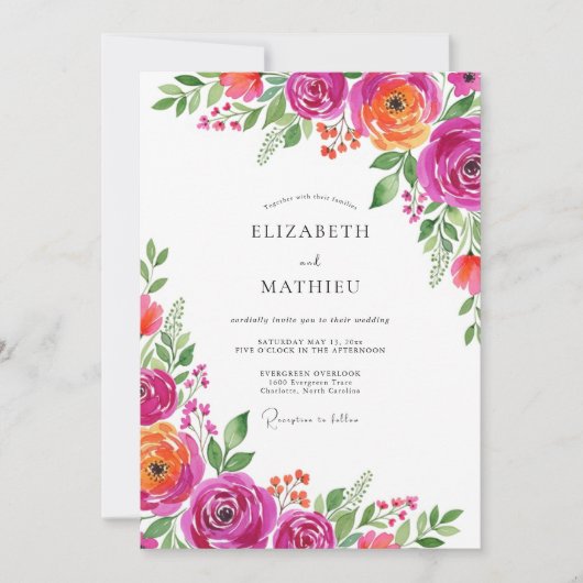 Magenta Orange Bloom Romance Wedding Einladung (Vorderseite)