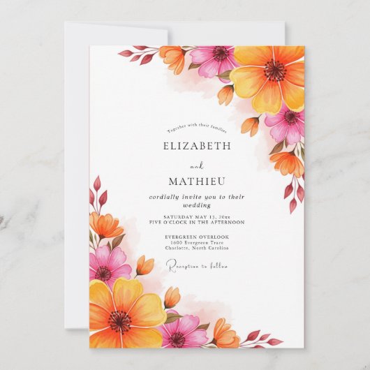 Magenta Orange Lush Summer Wedding Einladung (Vorderseite)