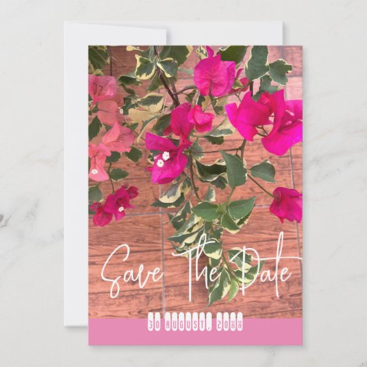 Magenta-Orangenbougainvillea oder Blume auf Papier Save The Date (Vorderseite)