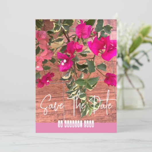 Magenta-Orangenbougainvillea oder Blume auf Papier Save The Date (Stehend Vorderseite)
