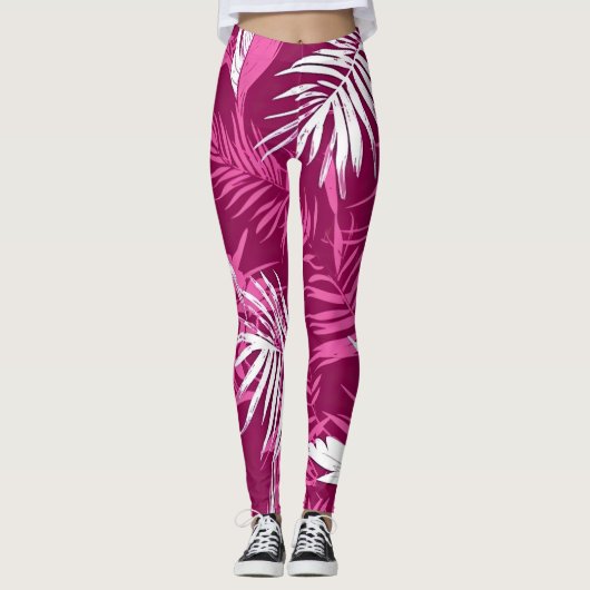 Magenta Palm Leaf Beach und Sommerurlaub Leggings (Vorderseite)