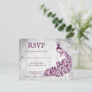 Magenta Peacock Leaf Vine Wedding RSVP Card Karte