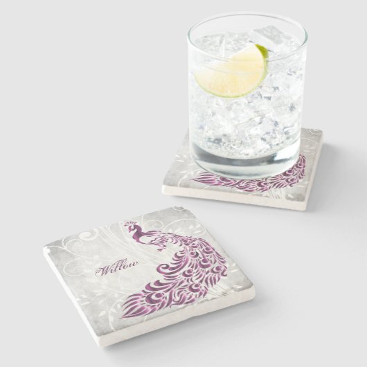 Magenta Peacock Personalisiert Stone Untersetzer (Seitenansicht)