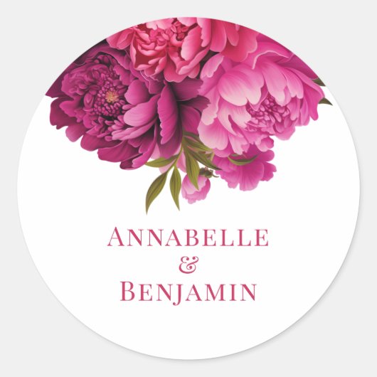 Magenta Peony Floral Wedding Runder Aufkleber (Vorderseite)