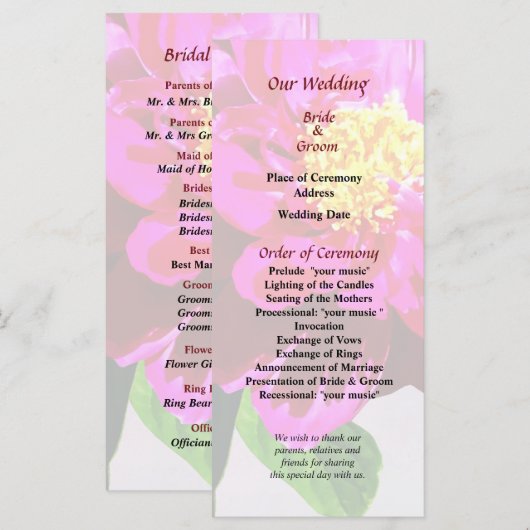 Magenta Peony in Sunshine Wedding Program Programm (Vorne/Hinten)