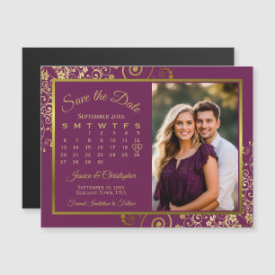 Magenta-Pflaume-Gold-Kalender-Foto-Speicherdatum-M Magneteinladung