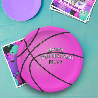 Magenta Pink Basketball Happy Geburtsname Pappteller