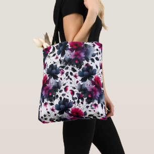 Magenta Pink & Blau Inky Floral Wasserfarbe Hochze Tasche